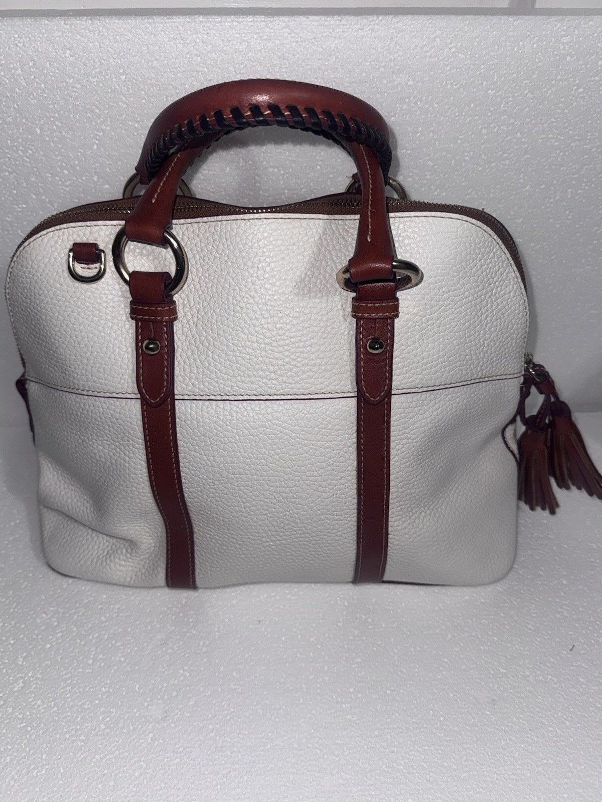 Dooney & Bourke White/Brown Leather Top Handle Zip Bag Red interior