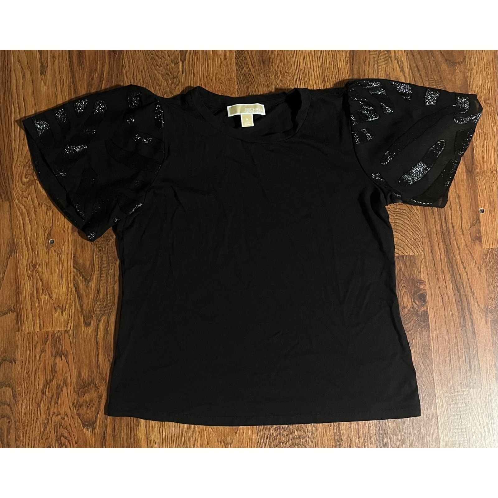 Michael Kors Black Sequin Zebra Puff Sleeve Top Womens Medium Crew Neck Knit