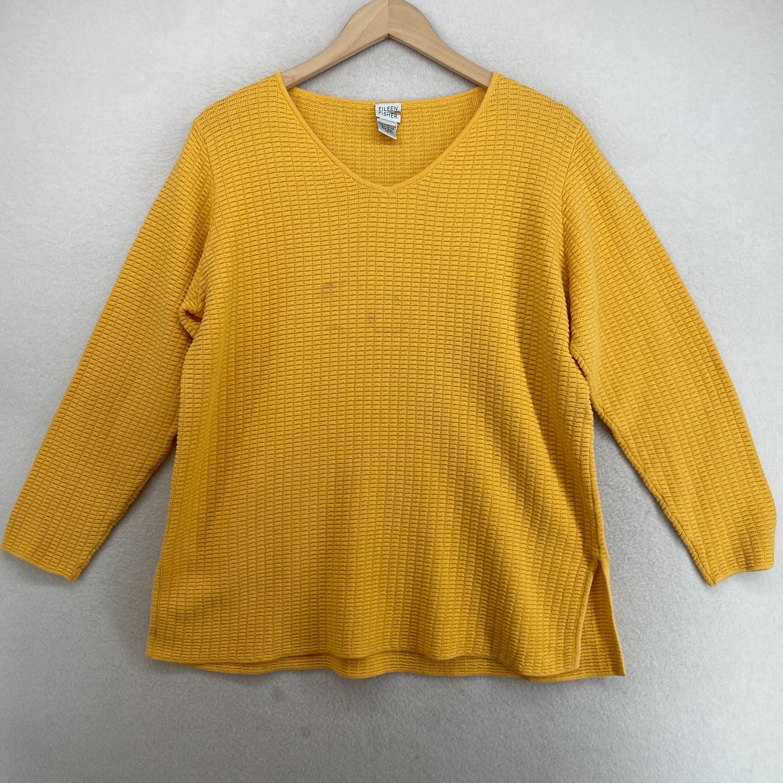 EILEEN FISHER Sweater M Cotton Box Stitch V-Neck Tunic Pullover Yellow HK VTG