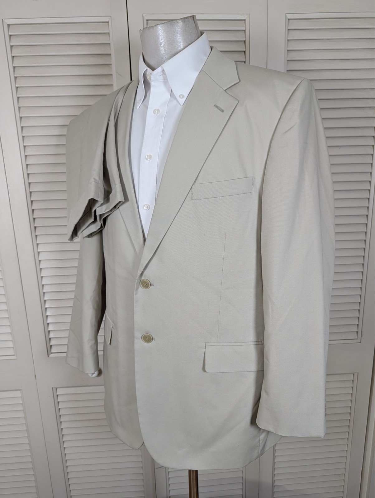 Haspel Perfect Poplin 2 Piece Suit Mens 44R Pants 32×33 Solid Beige Cream Cotton