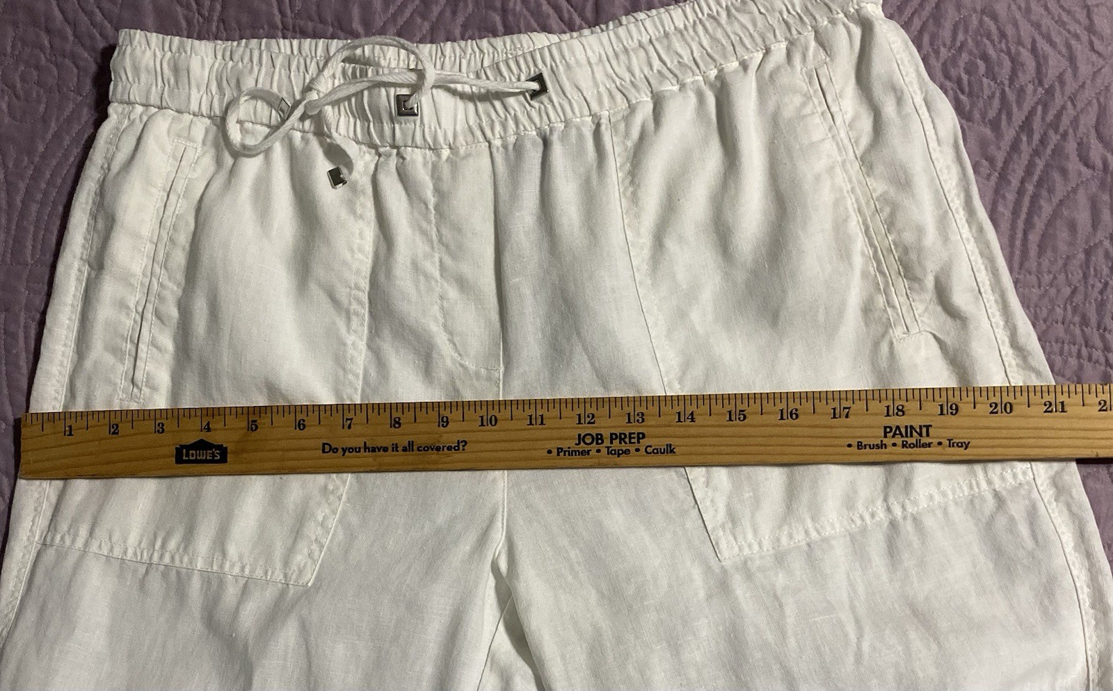 Rafaella Women’s White Linen Straight Leg Pants Pockets Elastic Drawstring PM