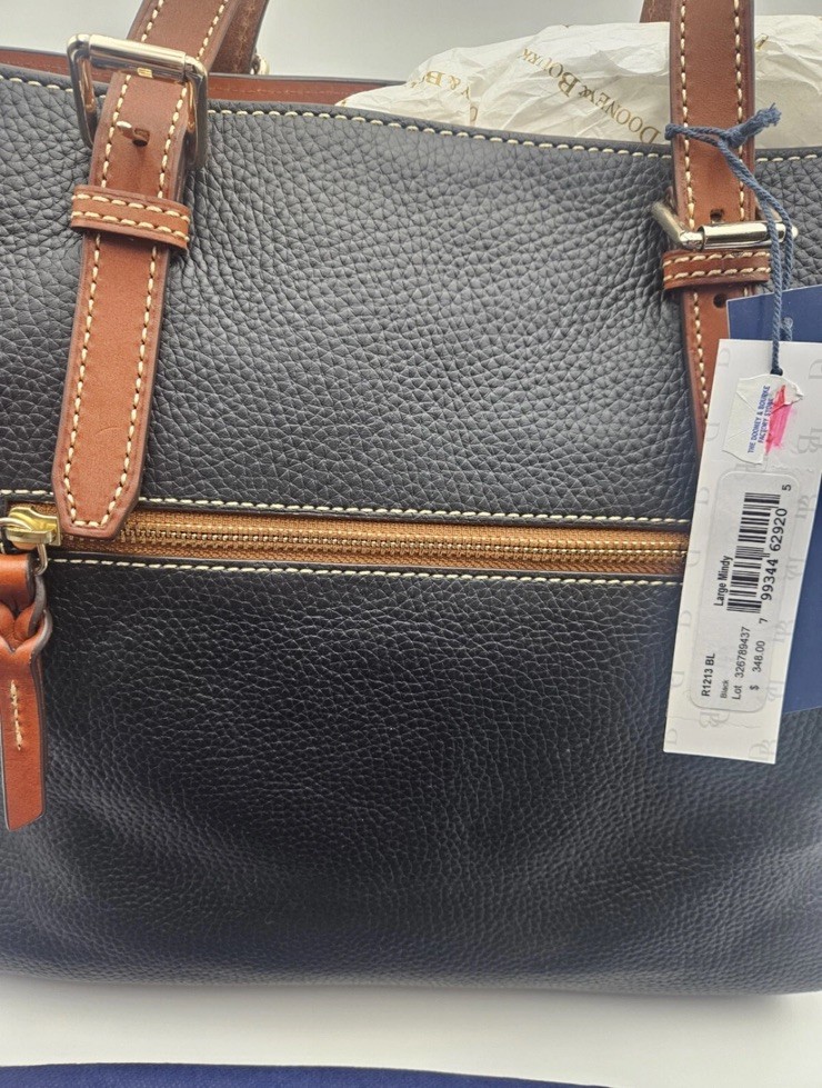 Dooney & Bourke Black & Tan Pebble Grain Leather Large Mindy Tote NWT