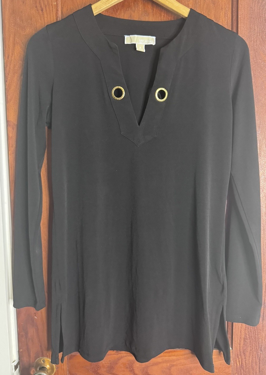 Michael Kors Black Blouse Sz S Split Neckline Adorned Gold-toned grommets #0130