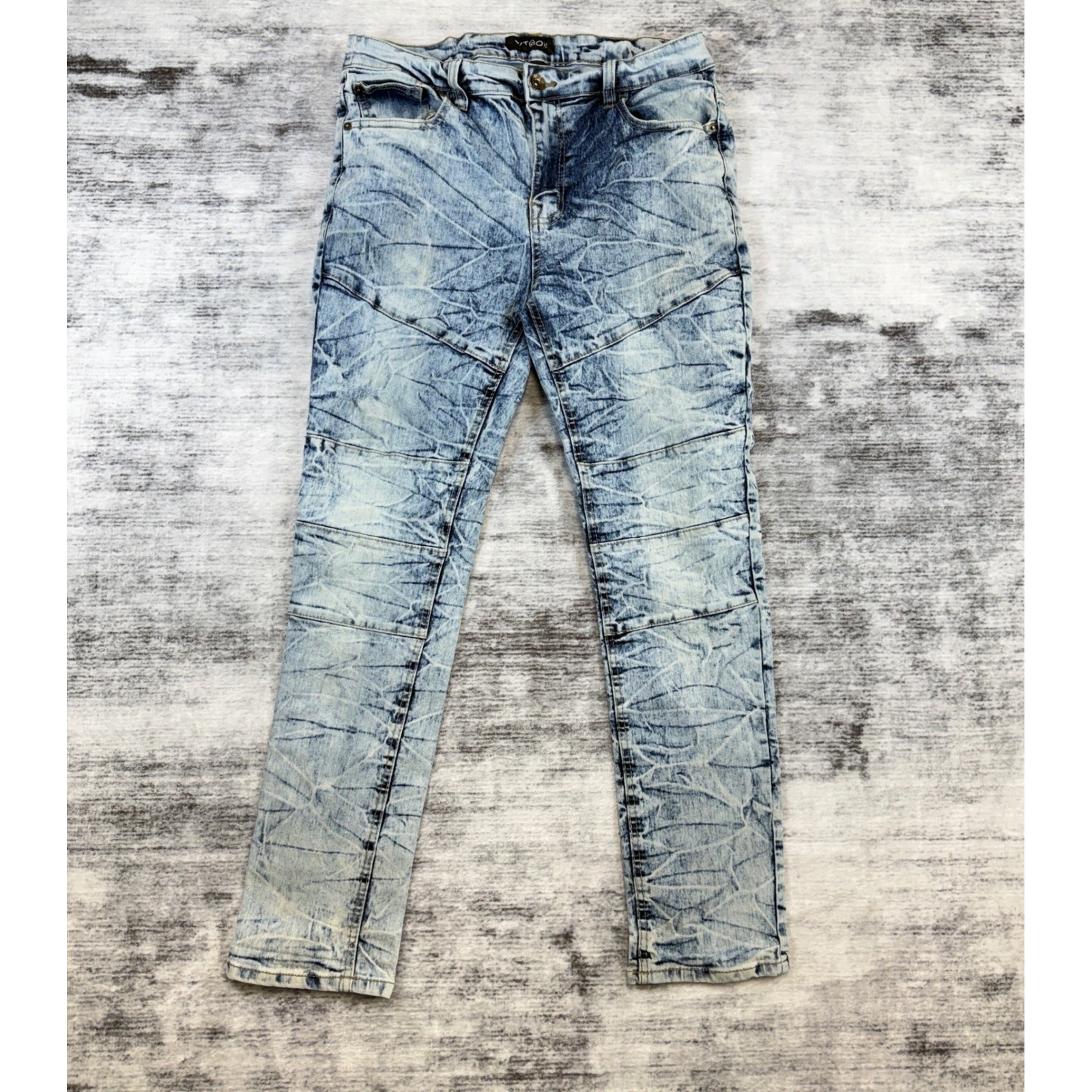 WT02 Mens Acid Wash Moto Skinny Jeans Blue Crinkle Texture Size 36×30