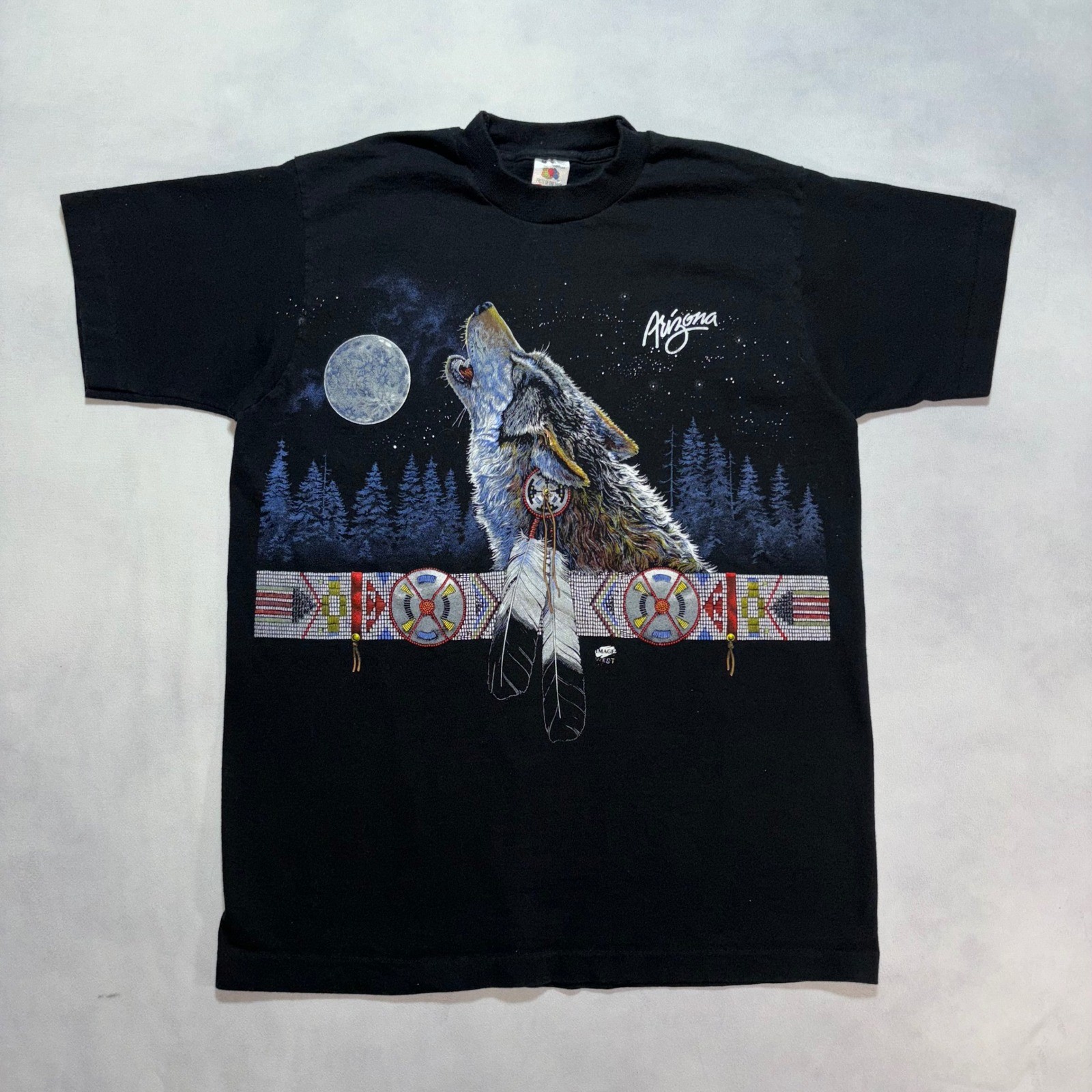 Vintage 90’s Wolf Native American T-Shirt Medium Black Single Stitch Arizona USA