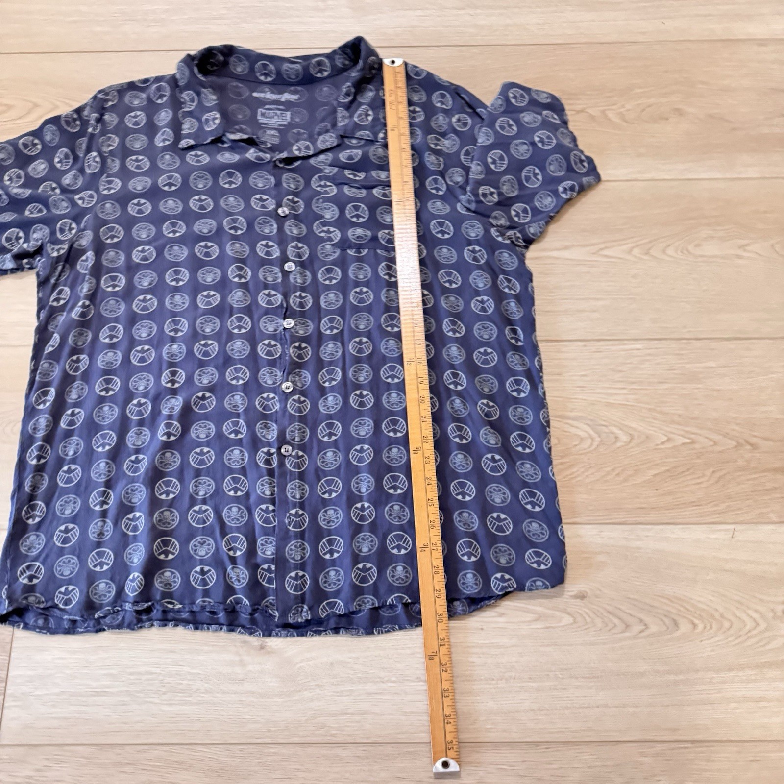 Marvel 2XL Mens Short Sleeve Button Shirt Blue Rayon