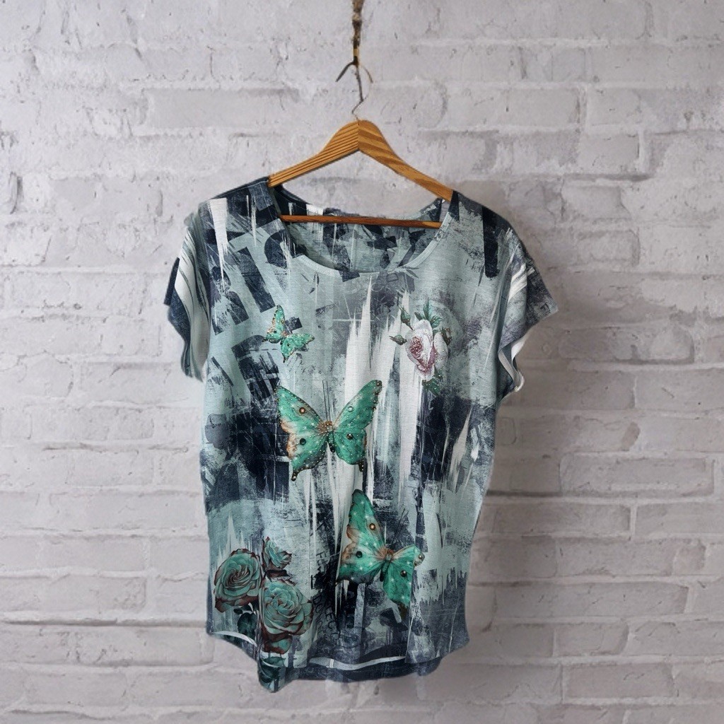 Y2K Women’s Tee M Butterfly Rhinestone Top Blue Green Fairycore Whimsigoth Boho