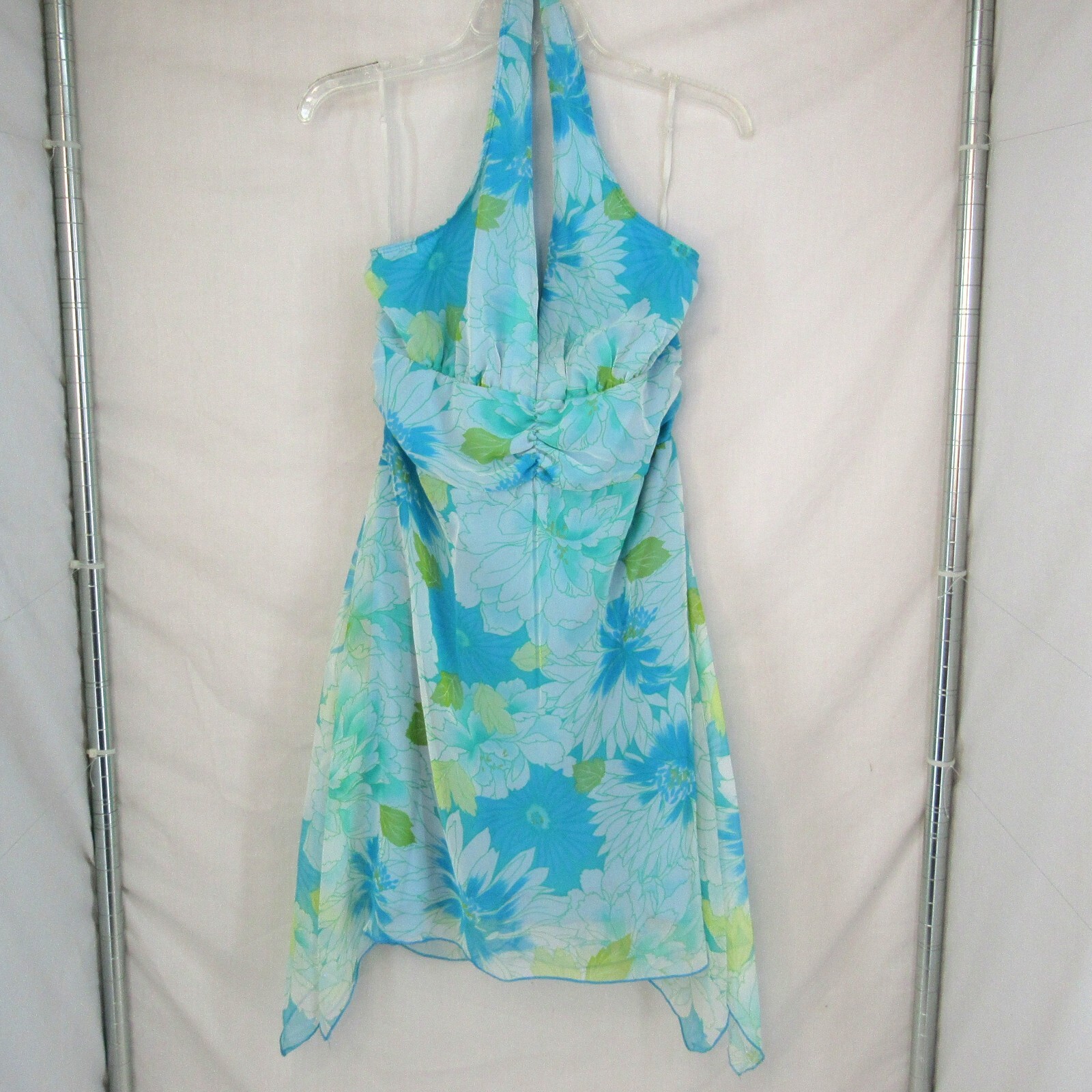 Rampage Clothing Co Junior Blue Floral Halter Dress Handkerchief Hem Size 13