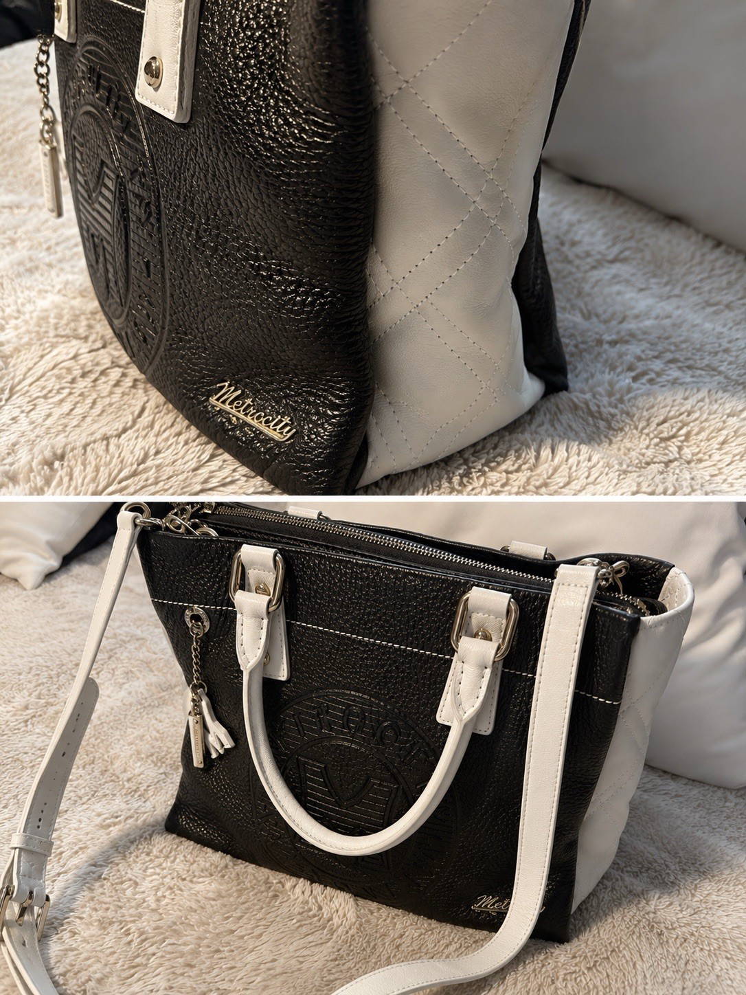 Metrocity Black Off White Logo Satchel Tote Crossbody Bag Faux Leather EUC
