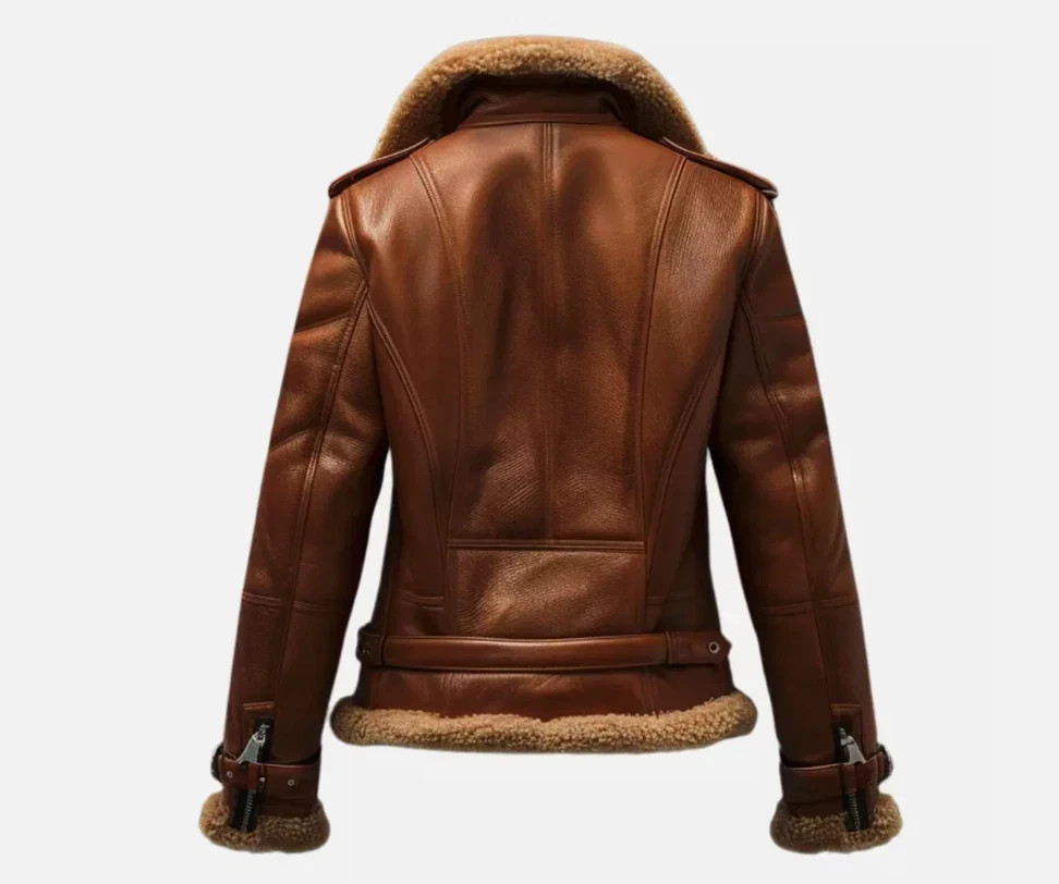 New Women’s Premium Shearling Lined Brown Aviator Real Sheepskin Leather Jacket