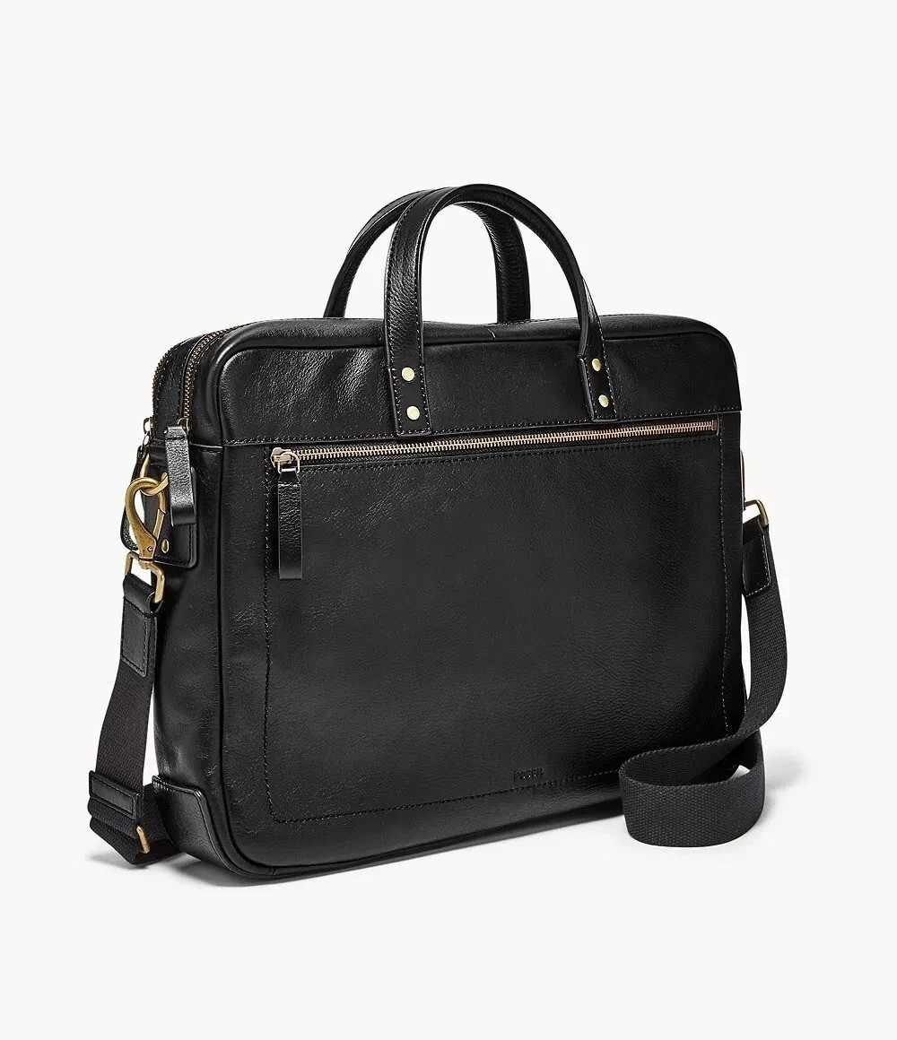 Fossil Men’s Haskell Black Leather Briefcase 16.5″ X 4″ X 12.5″