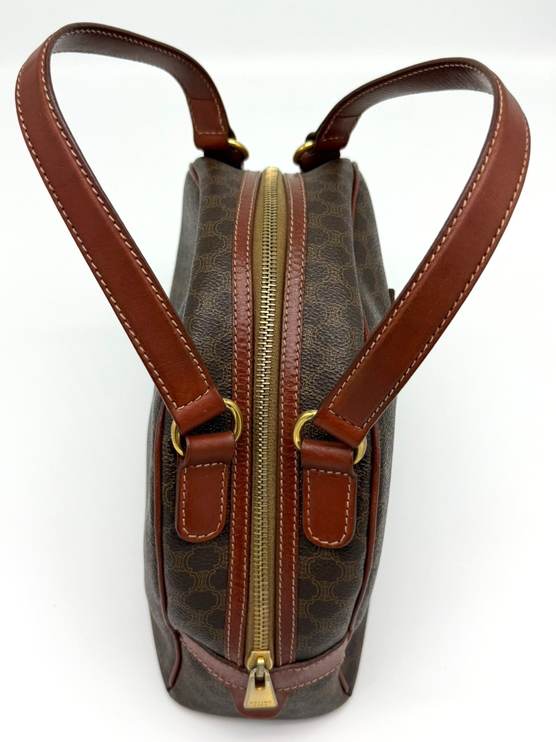 Vintage Celine Macadam Dome Hand Bag PVC Leather Brown Authentic