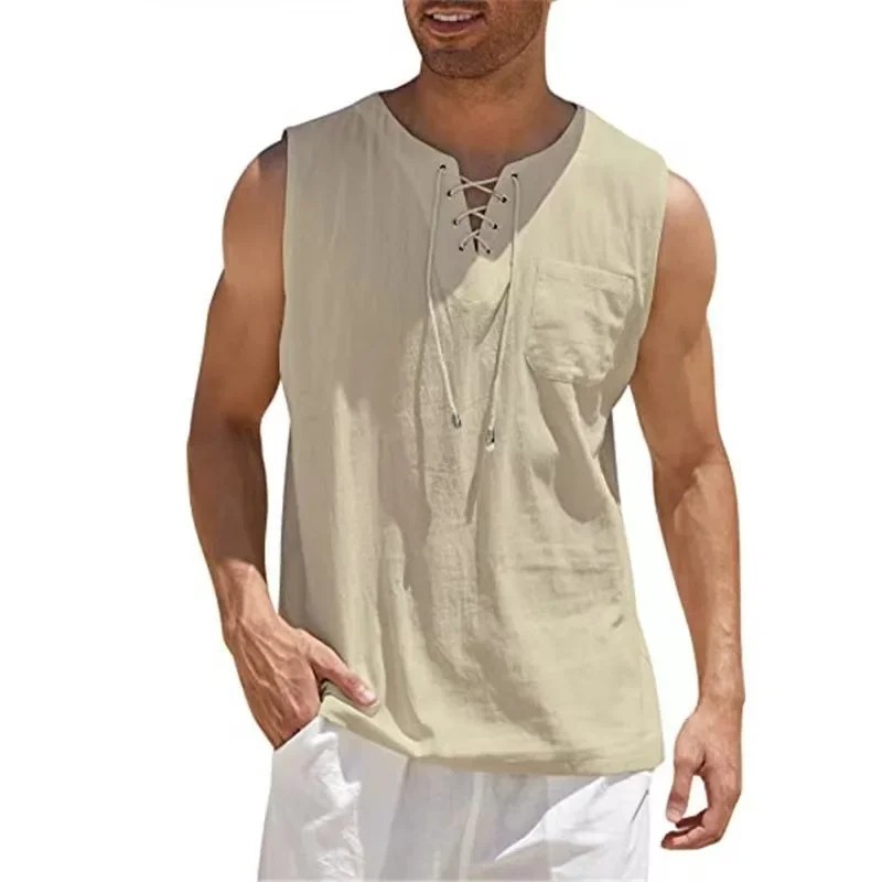 Men’s Cotton Linen Sleeveless Vest, Lace Up V Neck Tank Top, Casual Loose Shirt.