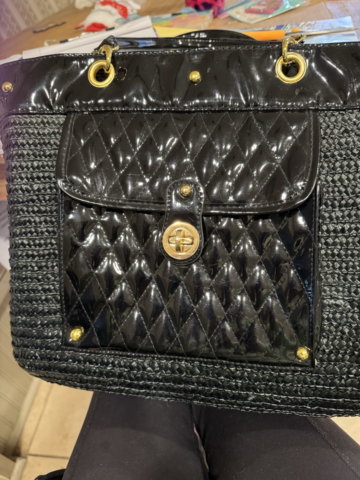 Women’s Black Tote Bag Quilted Patent Turn Lock Zip Gold Hardware Lined Pockets
