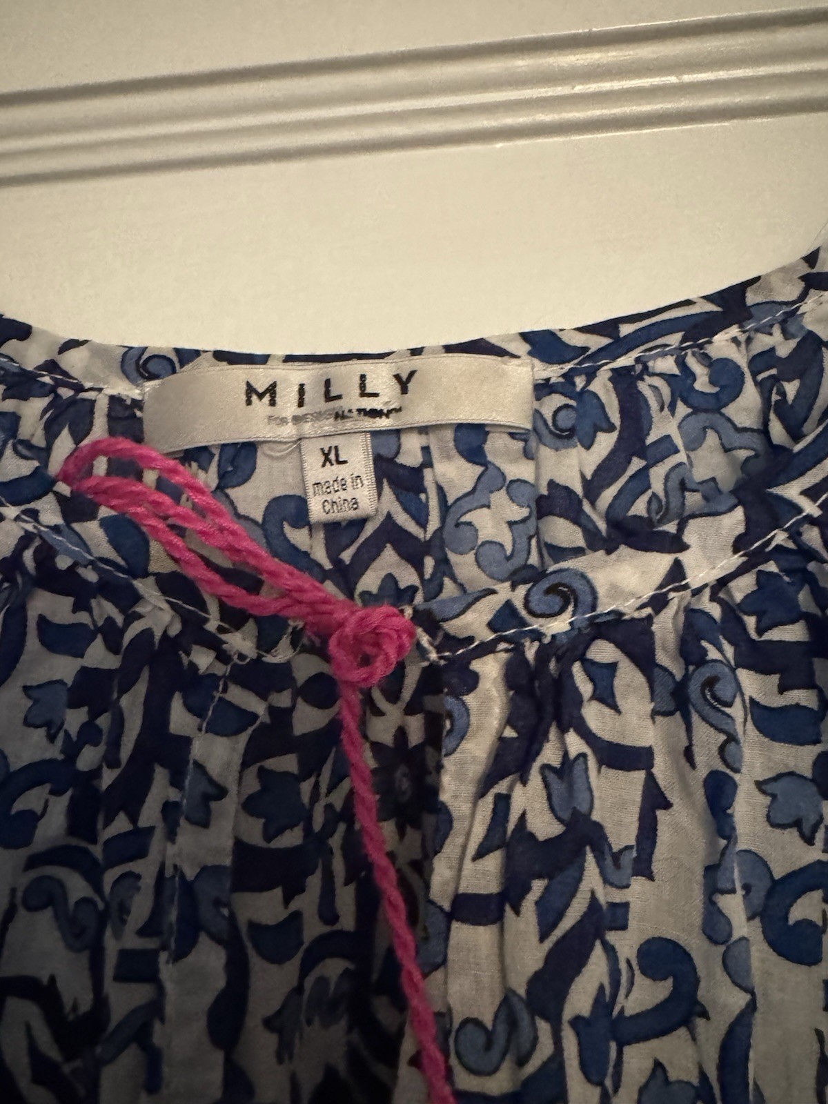 MILLY Peasant Blouse Floral Blue White Pink Cotton Tie Neck Tassel XL