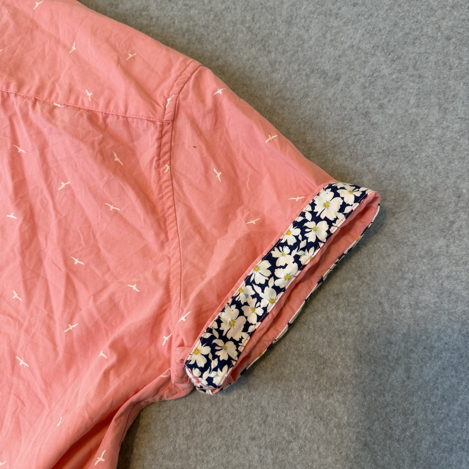 Denim & Flower Ricky Singh Short Sleeve Preppy Button Down Pink Bird Shirt Sz S
