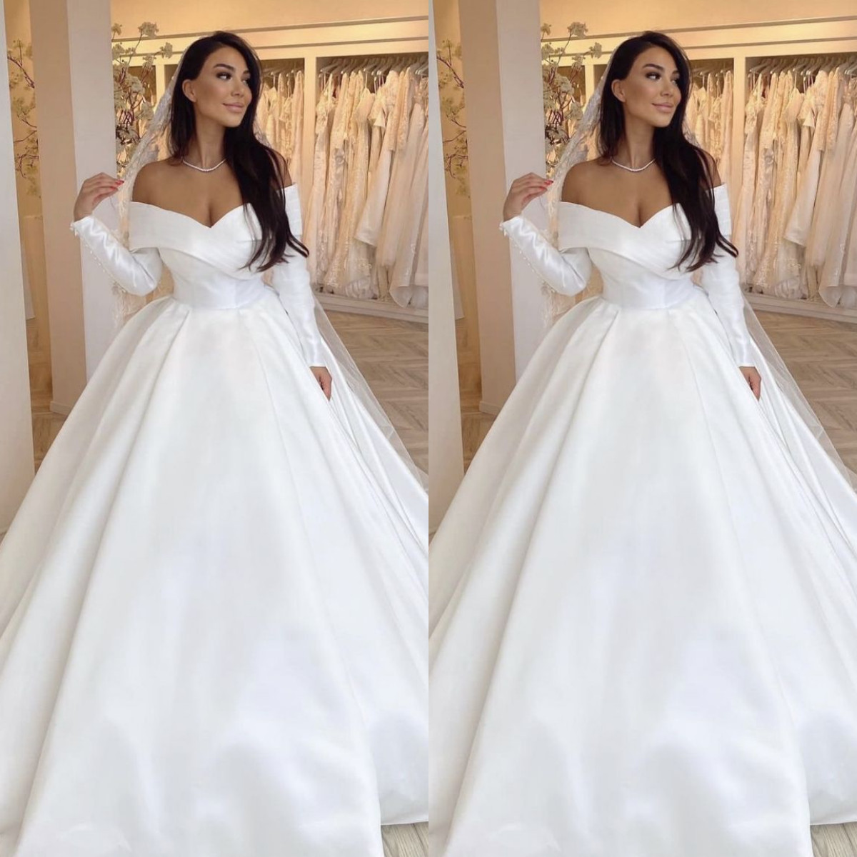 Classic Wedding Dresses Off Shoulder 3/4 Sleeves White Ivory Bridal Gowns