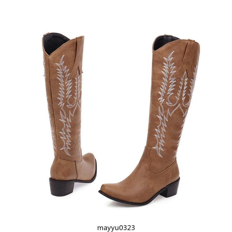 Womens Embossed Zip Mid Block Heel Cowgirl Mid Calf Knee High Boots Western PLus