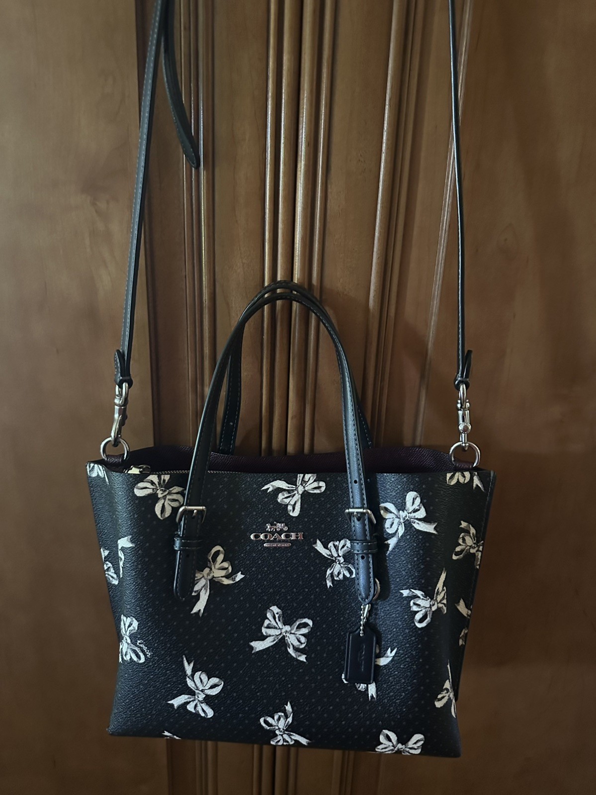 NWOT Coach Mollie Tote Bag 25 Bow Print Coated Canvas & Leather Black CY648