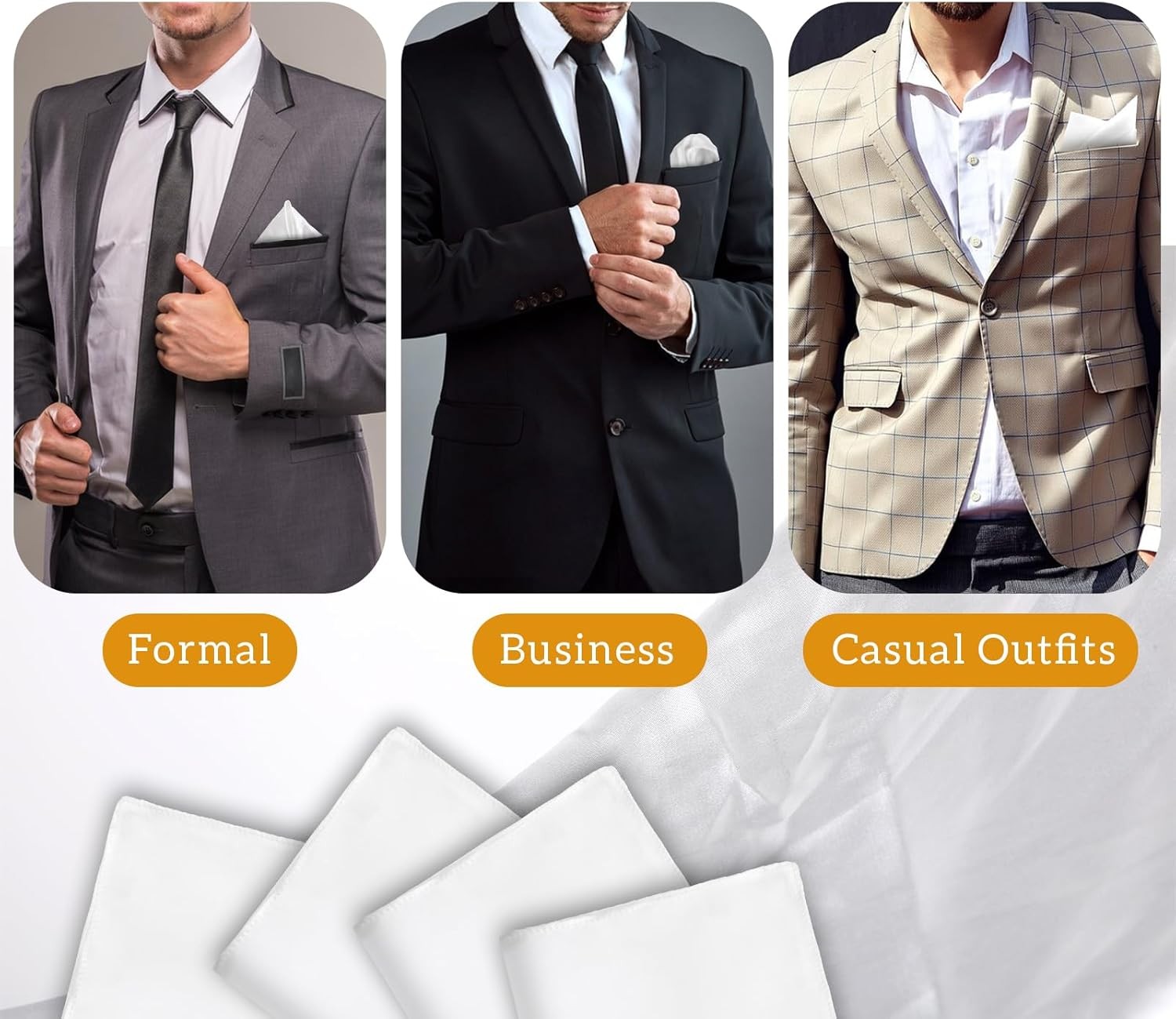 White Pocket Squares for Men, Soft 100% Pure Silk Pocket Square Solid Color