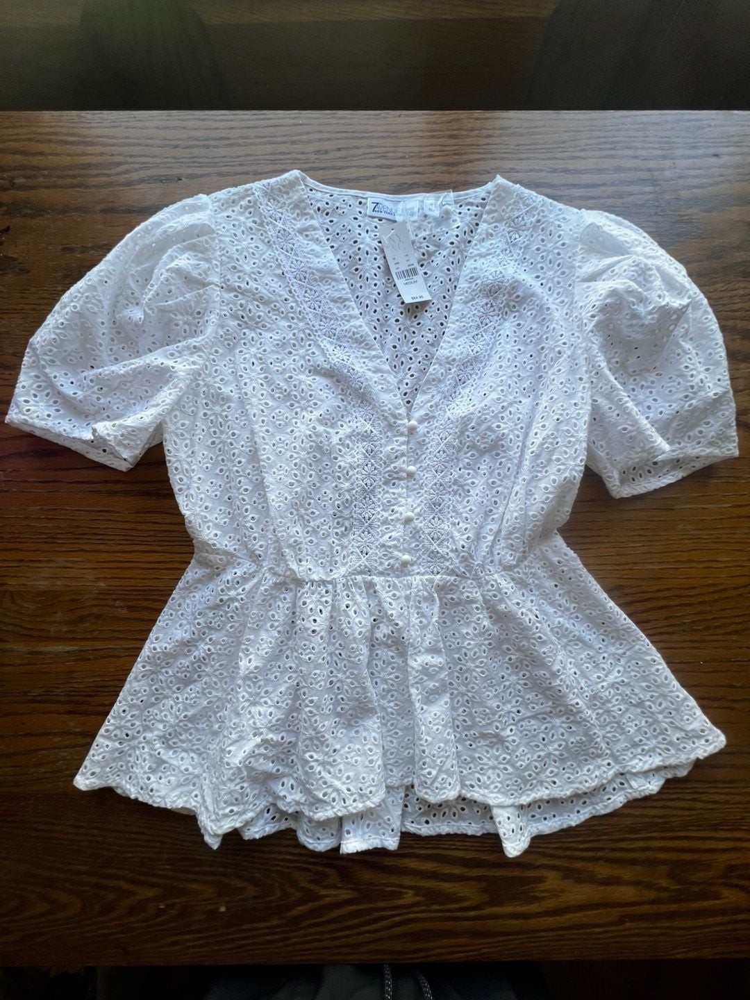 7th Avenue Design Studio White Eyelet Peplum Top