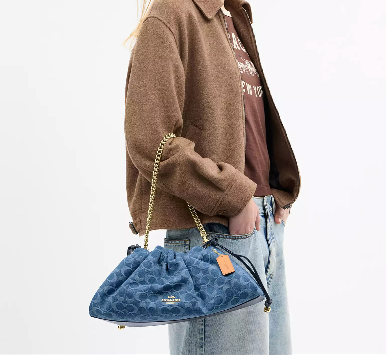 NWT Coach CDB97 Faye Large Shoulder Bag In Signature Denim Gold/Indigo