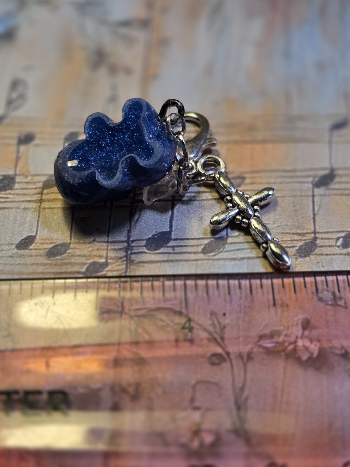 Handmade Blue Glitter Hippo Resin Charm Key Chain w/Cross Pendant, Lobster Clasp