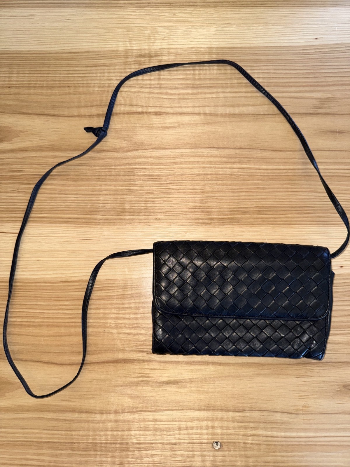 Vintage Bottega Veneta Intrecciato Black Leather Crossbody Bag Italy