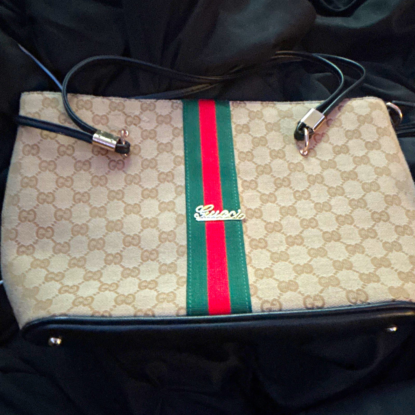 Gucci GG Monogram Beige Shoulder Bag Green Red Web Stripe Zip Top Black Strap