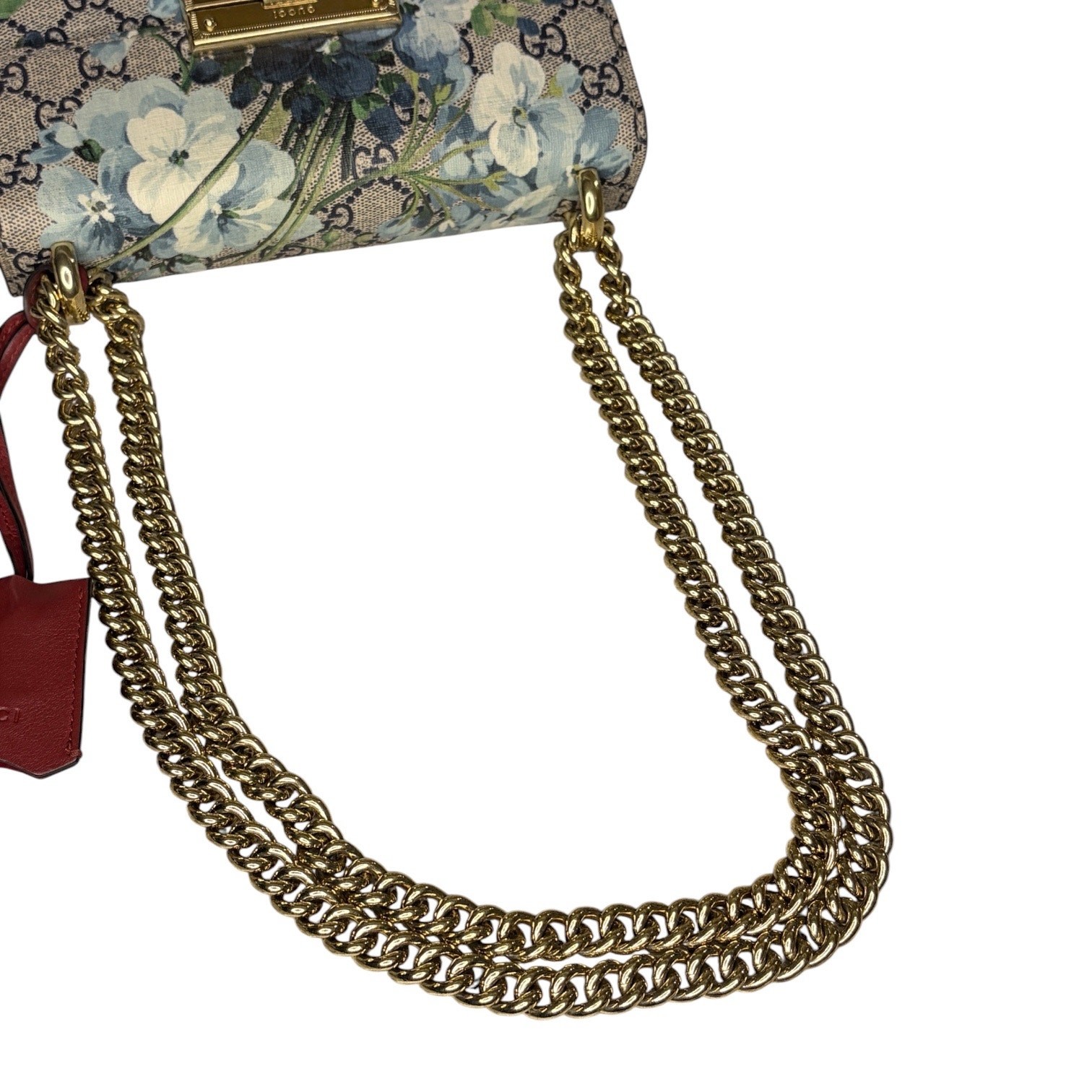 Gucci Small Padlock GG Blooms Shoulder Bag Blue Floral Red Leather Gold Chain