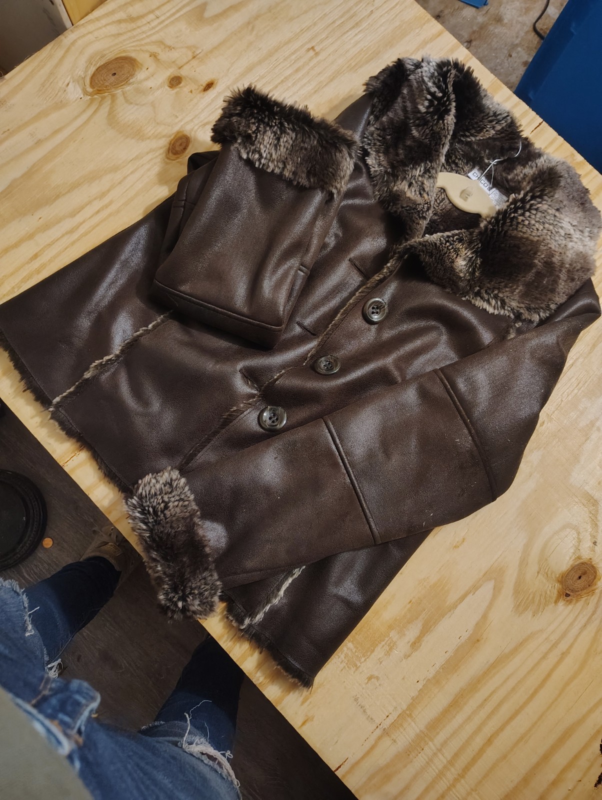 Chico’s Brown Jacket Faux Fur Trim Collared Button Long Sleeve Short Size 2