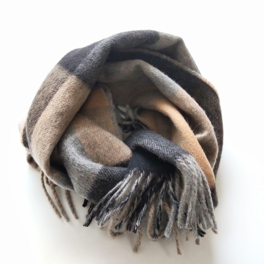 Joshua Ellis Cashmere Scarf Block Check Gray Beige Reversible Fringe Men Women