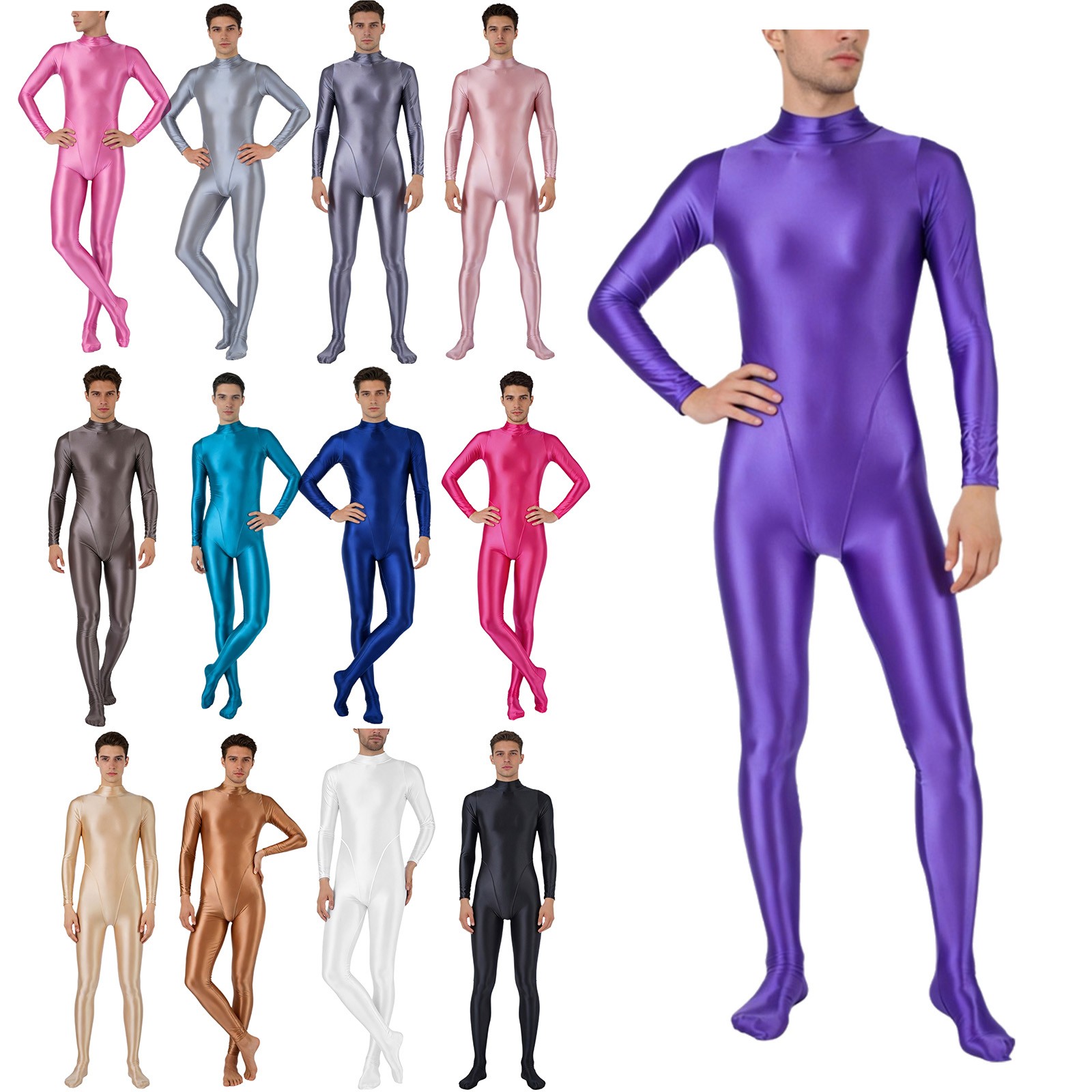 US YiZYiF Mens Sexy Glossy Unitard Full Bodysuit Long Sleeve Athletic Jumpsuit