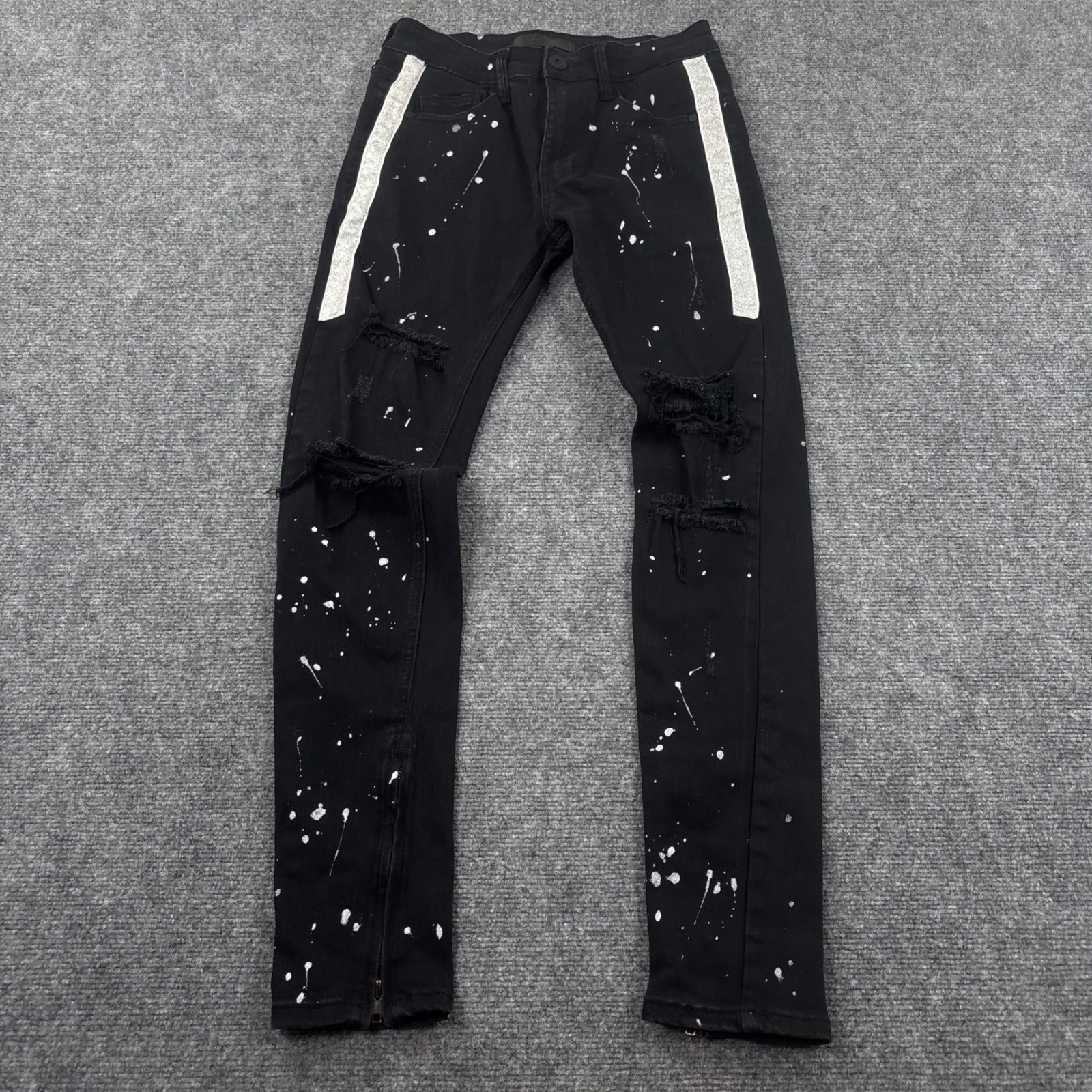 KDNK Distressed Skinny Jeans 30W x 29L Black Paint Splatter Side Stripe Men’s