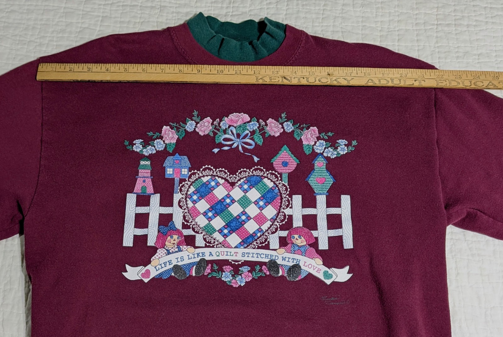 Vintage Sweatshirt Endless Designs Sz Large Quilt Heart Love Bird House Plum