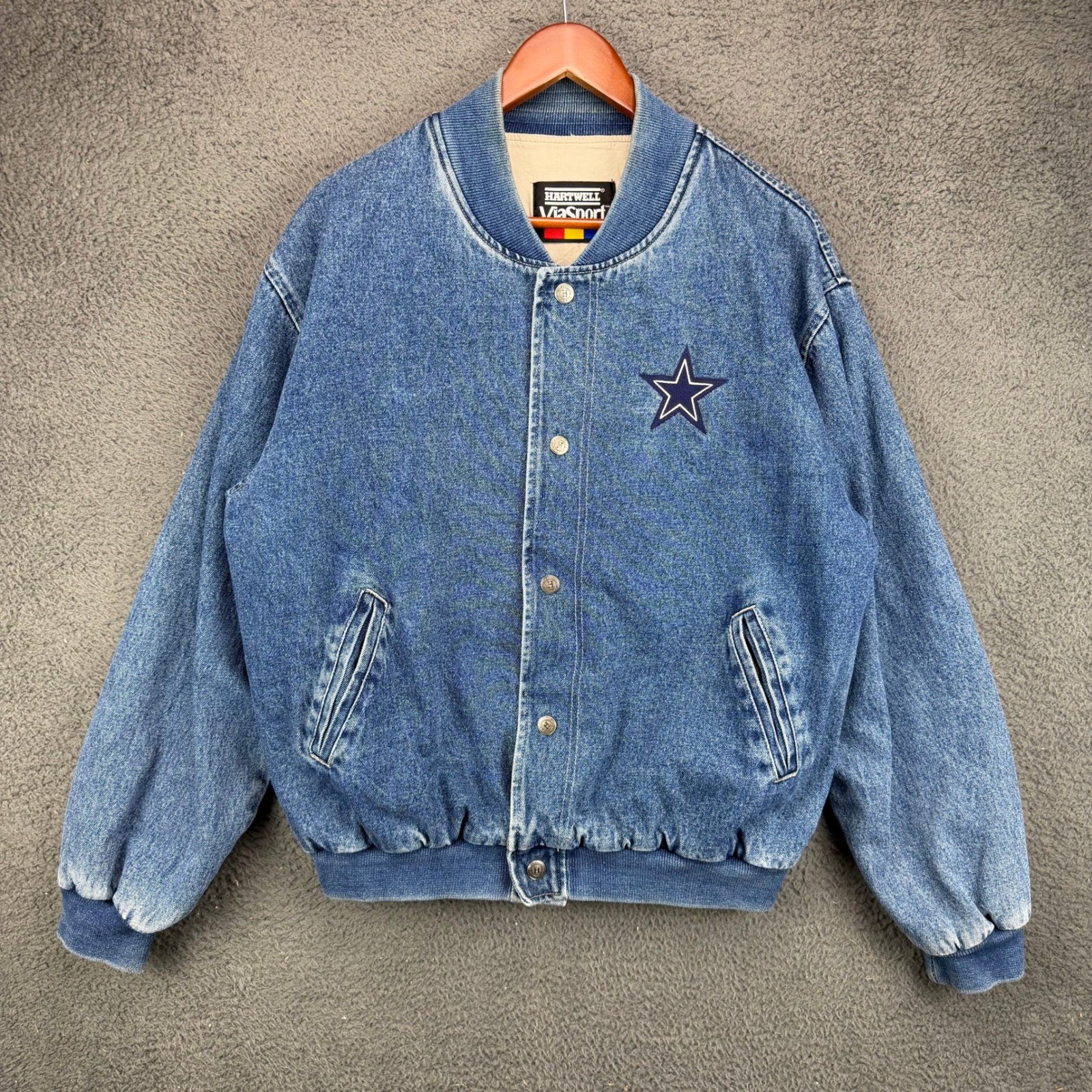 Hartwell ViaSport Mens Blue Denim Bomber Jacket Star Logo Vintage Size L 11718