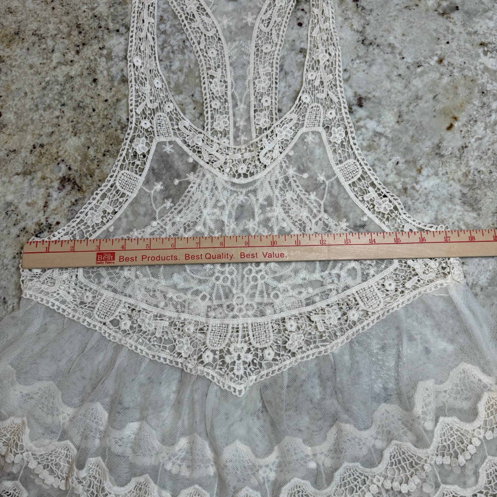 Lace Tank Top Boho Sheer Crochet Mesh Racerback Ruffle Hem One Size Ivory