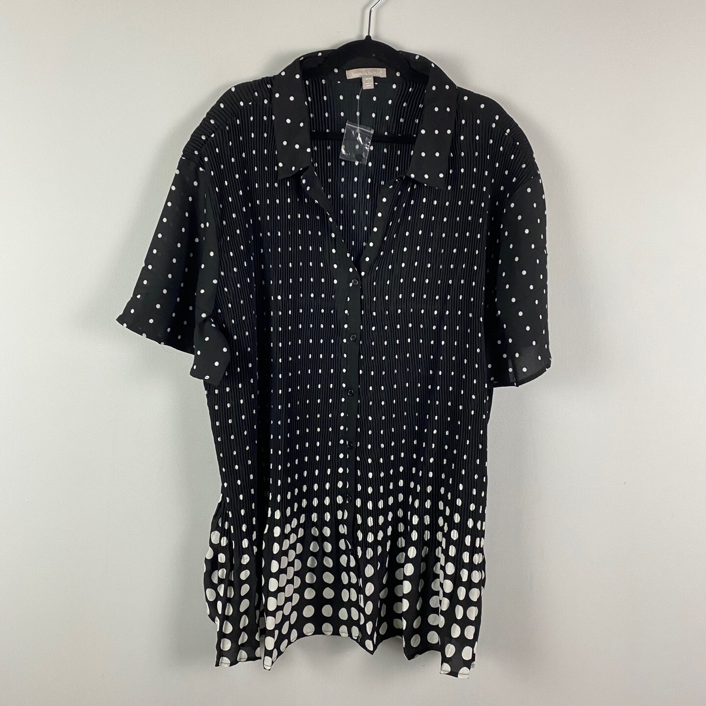 Woman Within Blouse In Crinkle Georgette Size 3X Black White Polka Dot Short Slv