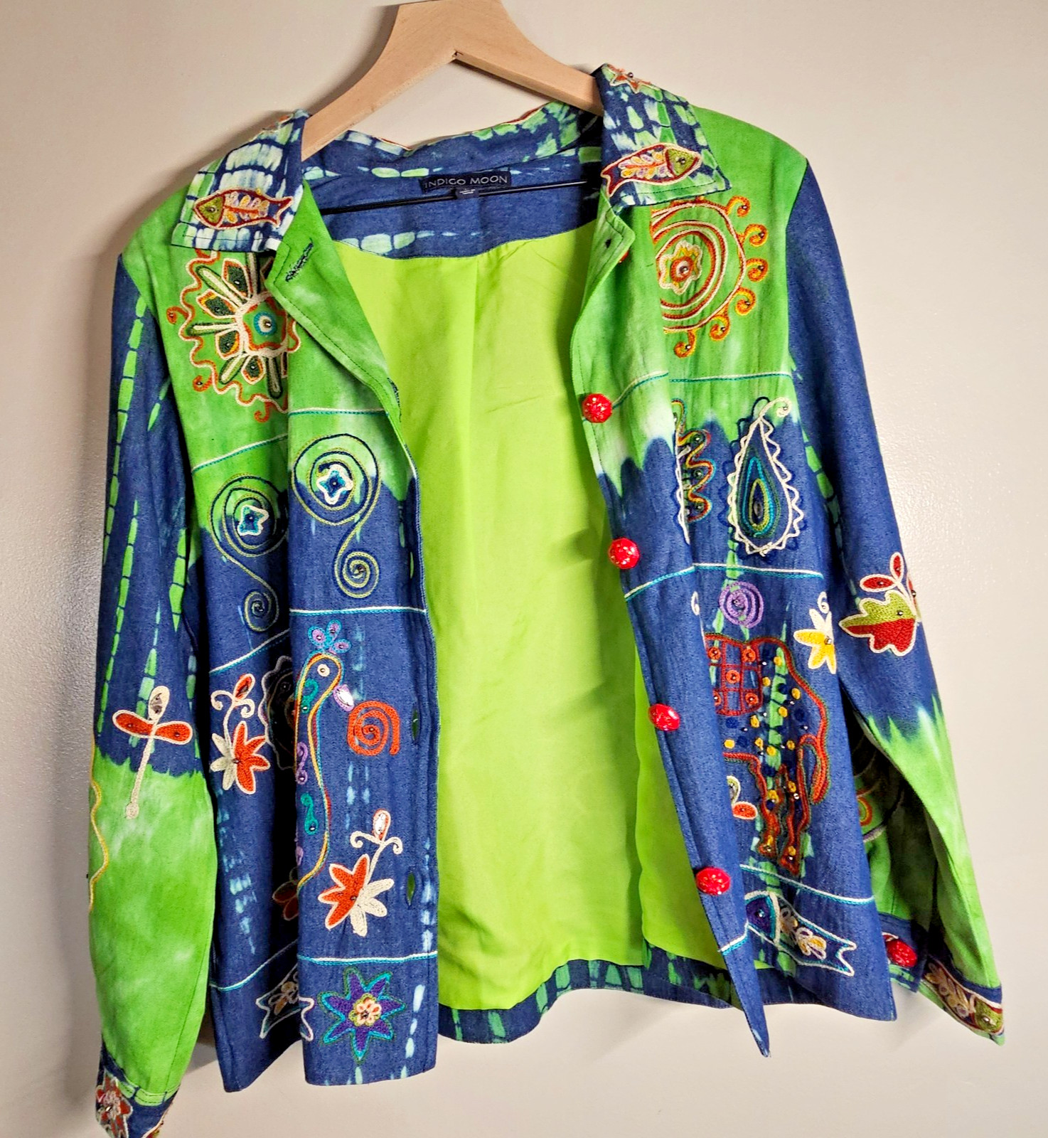Indigo Moon Large Jacket Green Tie Dye Blue Denim Embroidered Beaded Boho Artsy