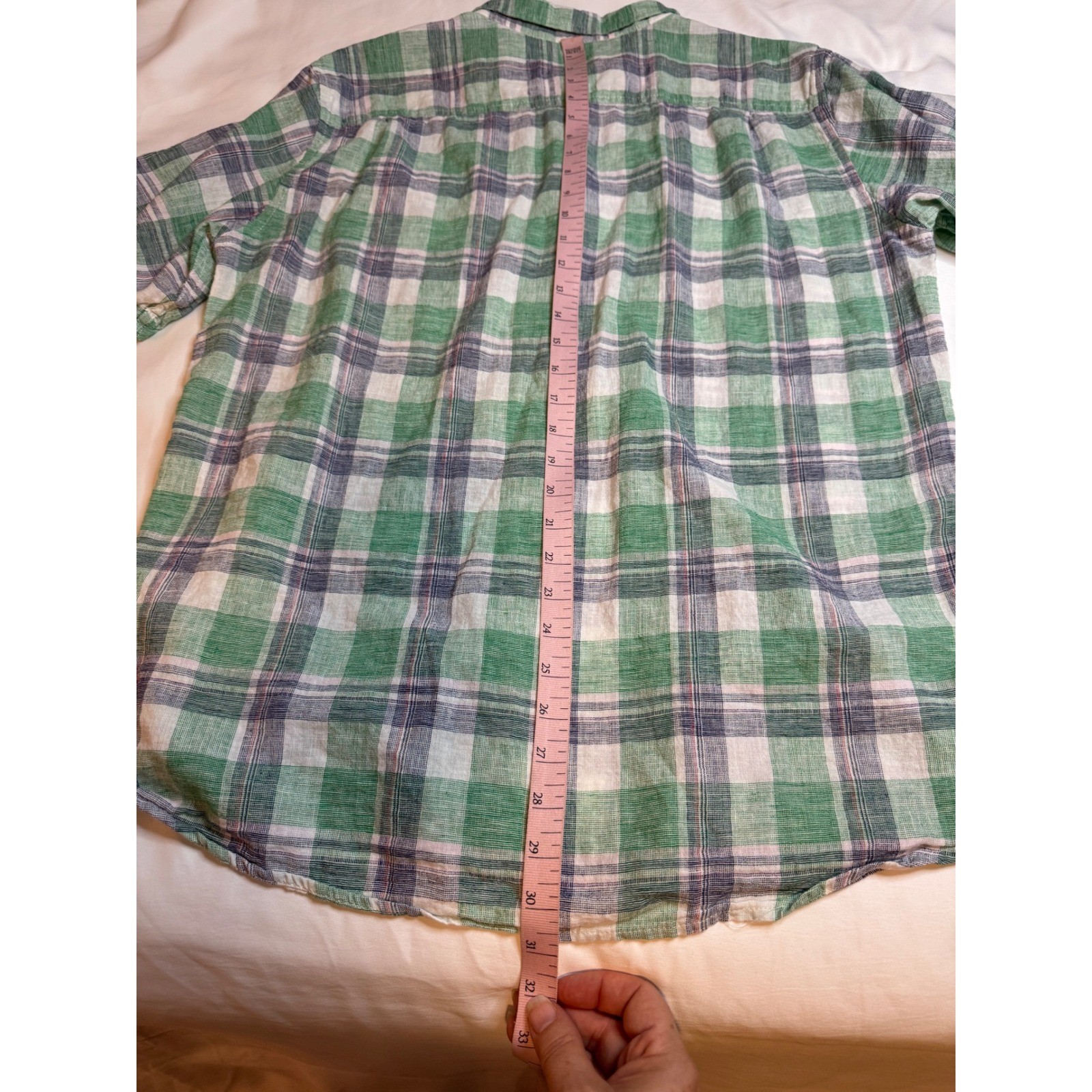 Weatherproof Vintage Mens Large Green Plaid Linen Cotton Short Sleeve Shirt
