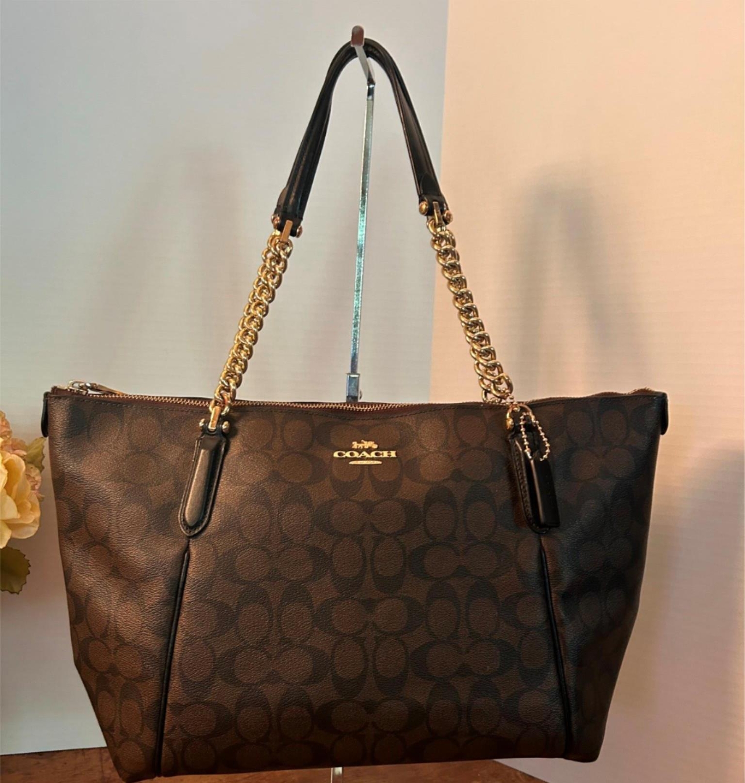 Coach Ava Chain Purse Bag Tote in Signature Brown Coated Canvas Black Xlarge