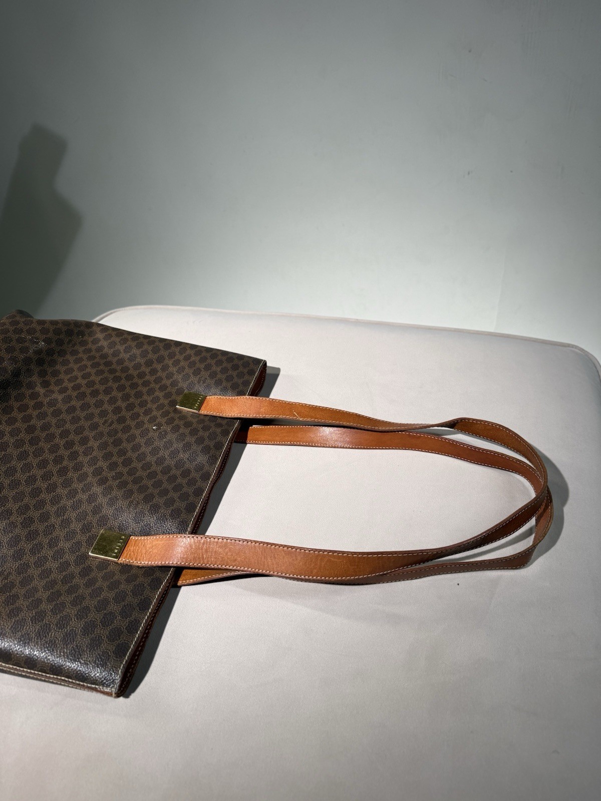 Celine Macadam Triomphe Brown Tote Bag Gold Hardware Leather Shoulder Strap