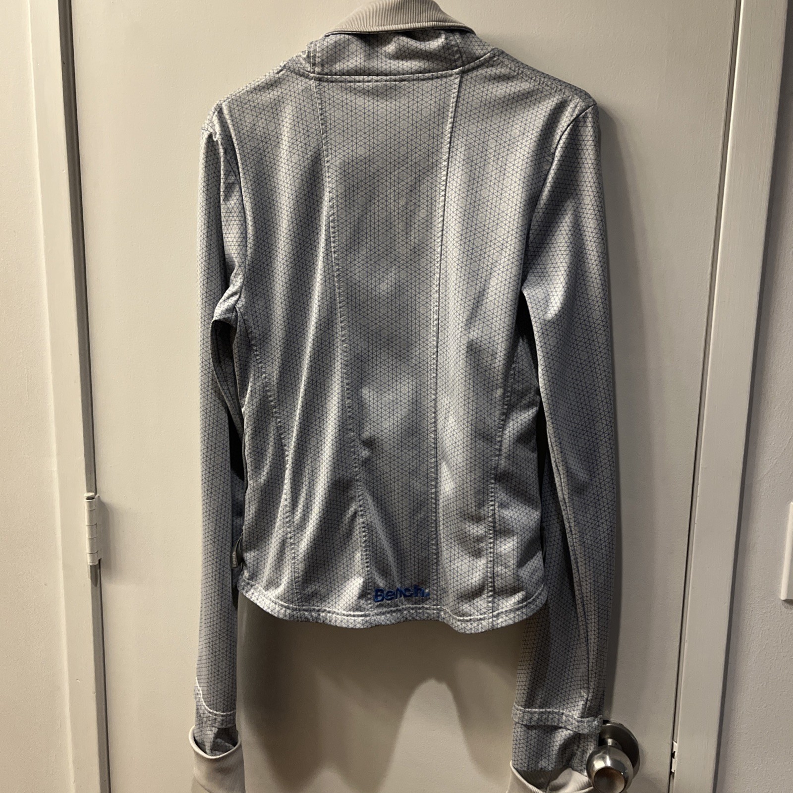 BENCH Womens Full Zip Jacket Size Lg Gray with Blue Asymmetrical Cross Fit