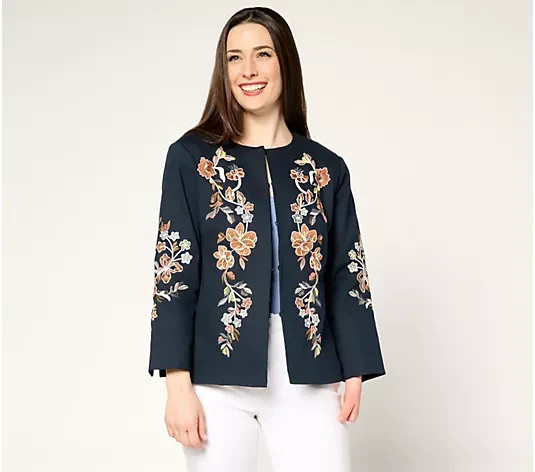 Dennis Basso Floral Embroidered Jacket Navy Copper Size 1X New