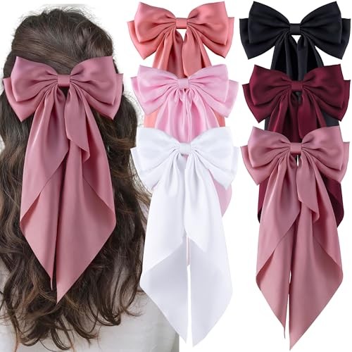 6Pcs Large Bows Hair Clips for Women Girls Long Tail Hair Black/Pink/Red/White