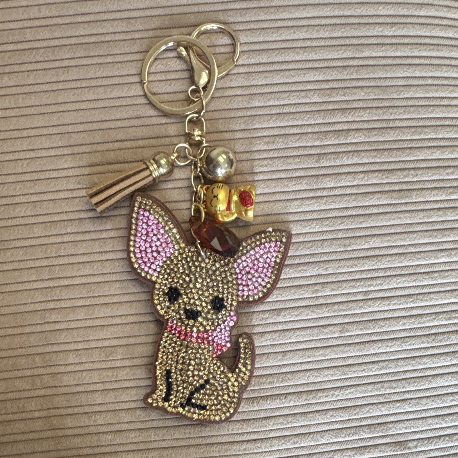 Rhinestone Dog & Maneki-neko Key Chain Bag Charm Tassel Clip 6in Gold Pink