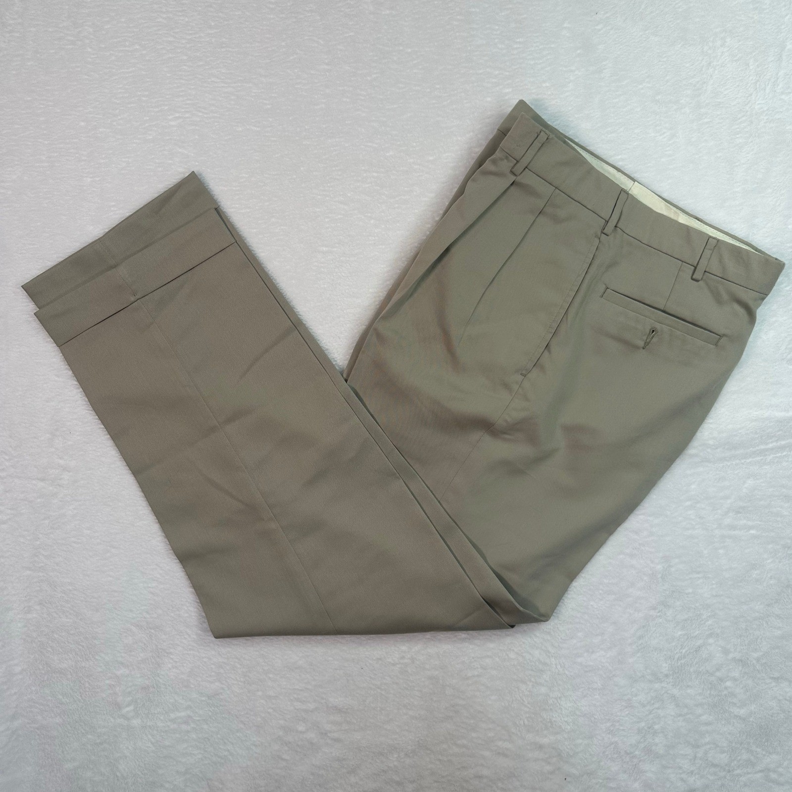Pleated Dress Pants Mens 32×32 Khaki Tan Cuffed Hem Poly Rayon Blend