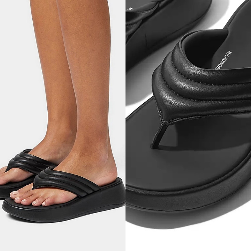 NIB FitFlop F-MODE Padded Leather Flatform Toe-Post sandals black size 10 $180