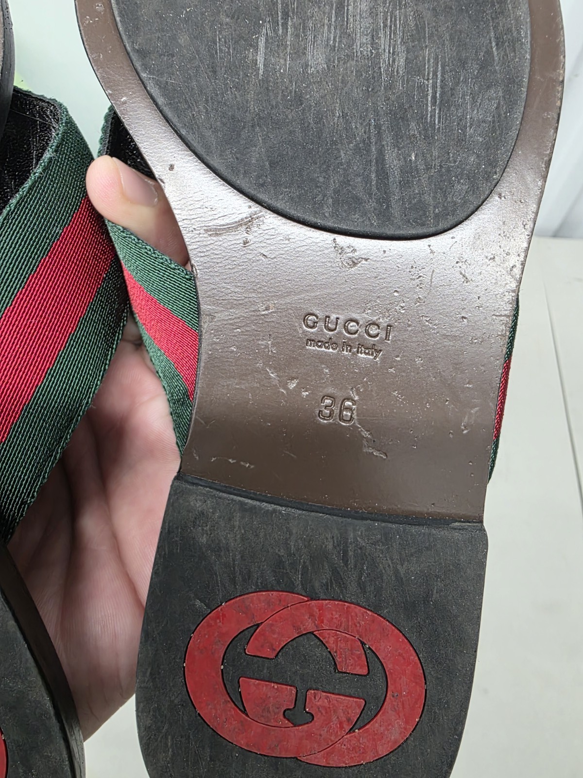 Gucci Web GG Monogram Thong Sandals, Women’s Size36, Brown Green Red, ITALY
