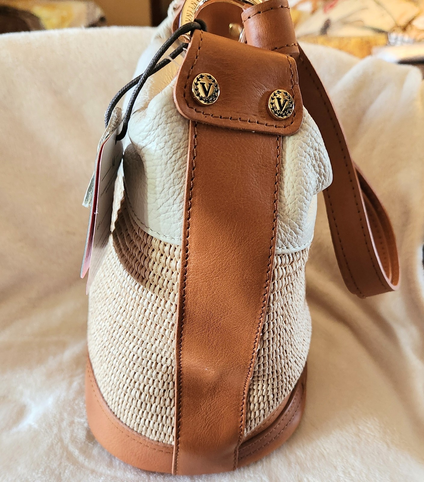 Valentina Italian Raffia & Leather Bucket Bag Latte & Cognac Trim NWT